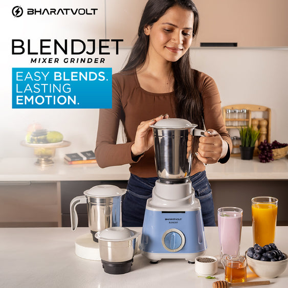 BharatVolt Blendjet Mixer Grinder | 500W Turbo Motor | 3 Stainless Steel Jars | Overload Protection, Leak Proof Lids, 3 Speed & Pulse Function | Kitchen Appliance