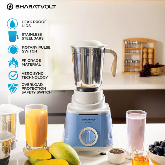 BharatVolt Blendjet Mixer Grinder | 500W Turbo Motor | 3 Stainless Steel Jars | Overload Protection, Leak Proof Lids, 3 Speed & Pulse Function | Kitchen Appliance