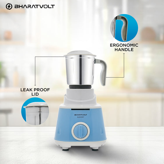 BharatVolt Blendjet Mixer Grinder | 500W Turbo Motor | 3 Stainless Steel Jars | Overload Protection, Leak Proof Lids, 3 Speed & Pulse Function | Kitchen Appliance