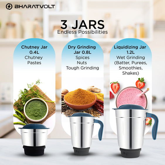 BharatVolt Spinova Mixer Grinder | 500W Turbo Motor | 3 Stainless Steel Jars | Overload Protection, Leak Proof Lids, 3 Speed & Pulse Function | Kitchen Appliance