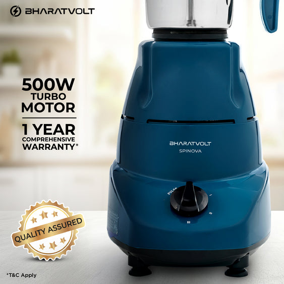 BharatVolt Spinova Mixer Grinder | 500W Turbo Motor | 3 Stainless Steel Jars | Overload Protection, Leak Proof Lids, 3 Speed & Pulse Function | Kitchen Appliance