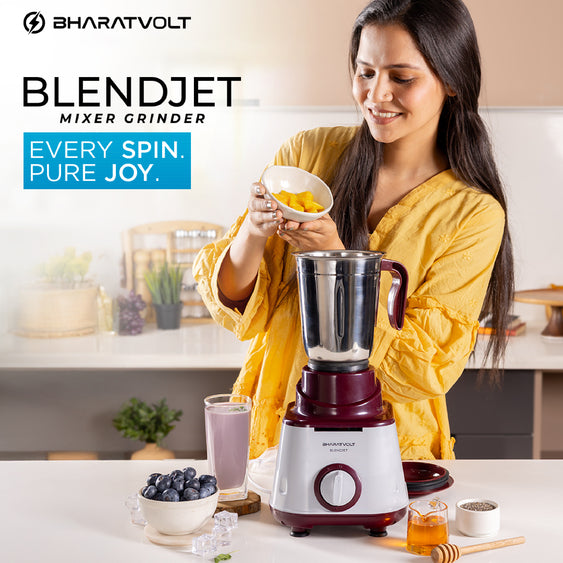 BharatVolt Blendjet Mixer Grinder | 500W Turbo Motor | 3 Stainless Steel Jars | Overload Protection, Leak Proof Lids, 3 Speed & Pulse Function | Kitchen Appliance