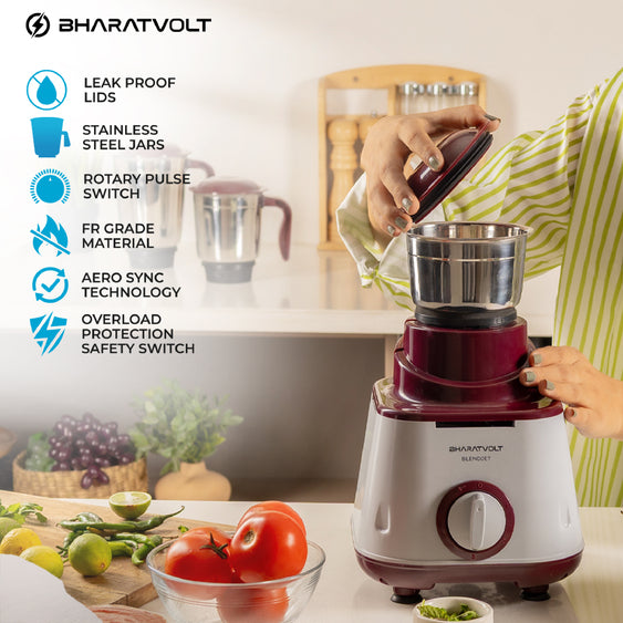 BharatVolt Blendjet Mixer Grinder | 500W Turbo Motor | 3 Stainless Steel Jars | Overload Protection, Leak Proof Lids, 3 Speed & Pulse Function | Kitchen Appliance