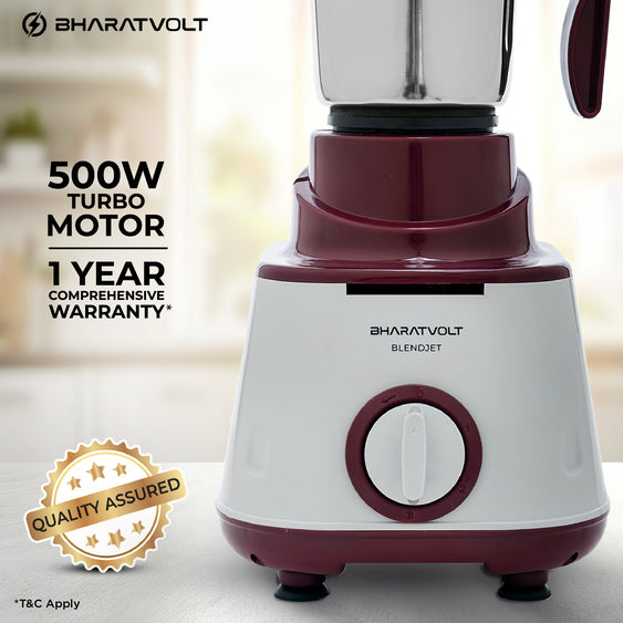 BharatVolt Blendjet Mixer Grinder | 500W Turbo Motor | 3 Stainless Steel Jars | Overload Protection, Leak Proof Lids, 3 Speed & Pulse Function | Kitchen Appliance