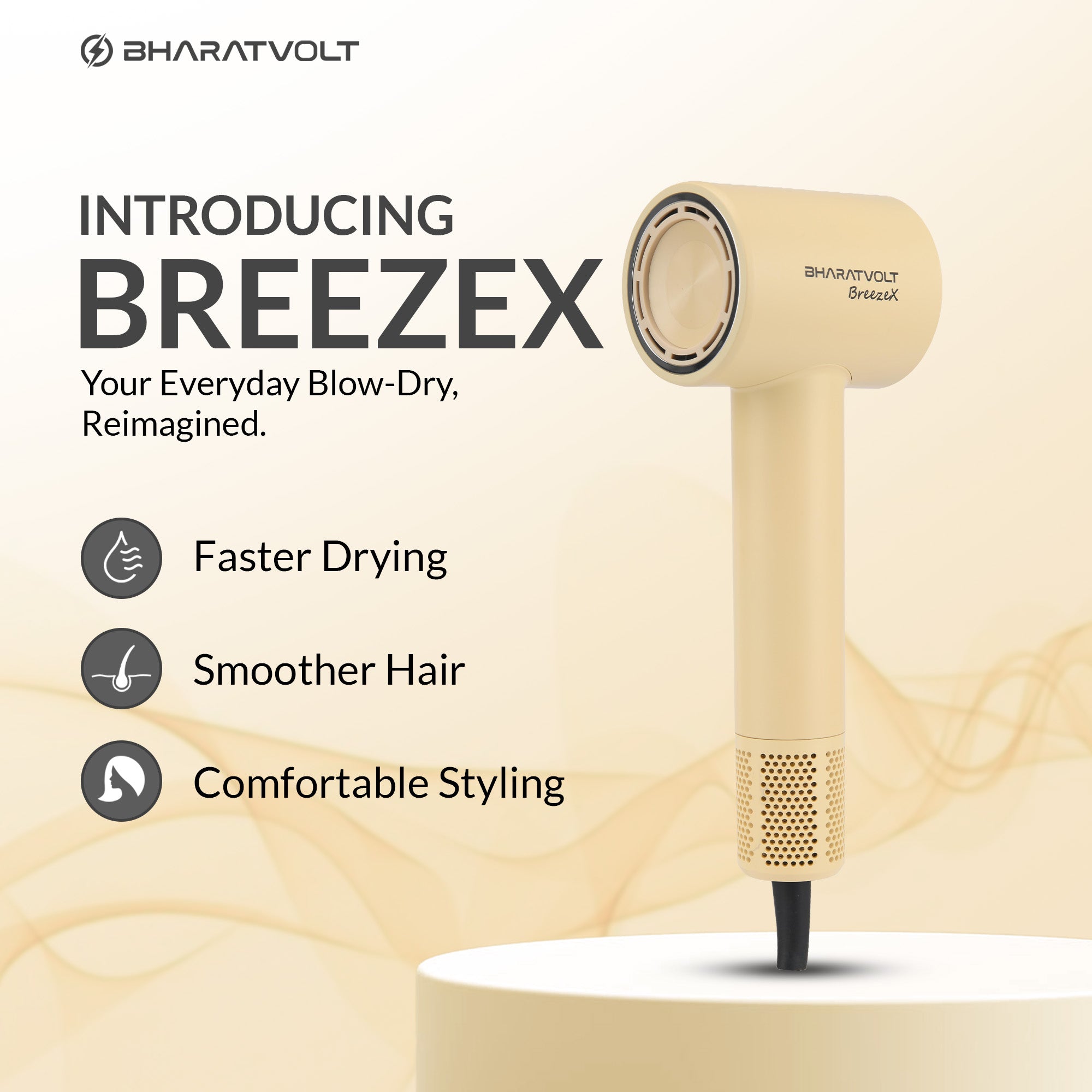 BharatVolt BreezeX Hair Dryer | 1600W | Ion Care Technology | 102,000 RPM High-Speed Brushless Motor | 360° Magnetic Nozzle | 4 Smart Modes | Travel Friendly | For Women & Men