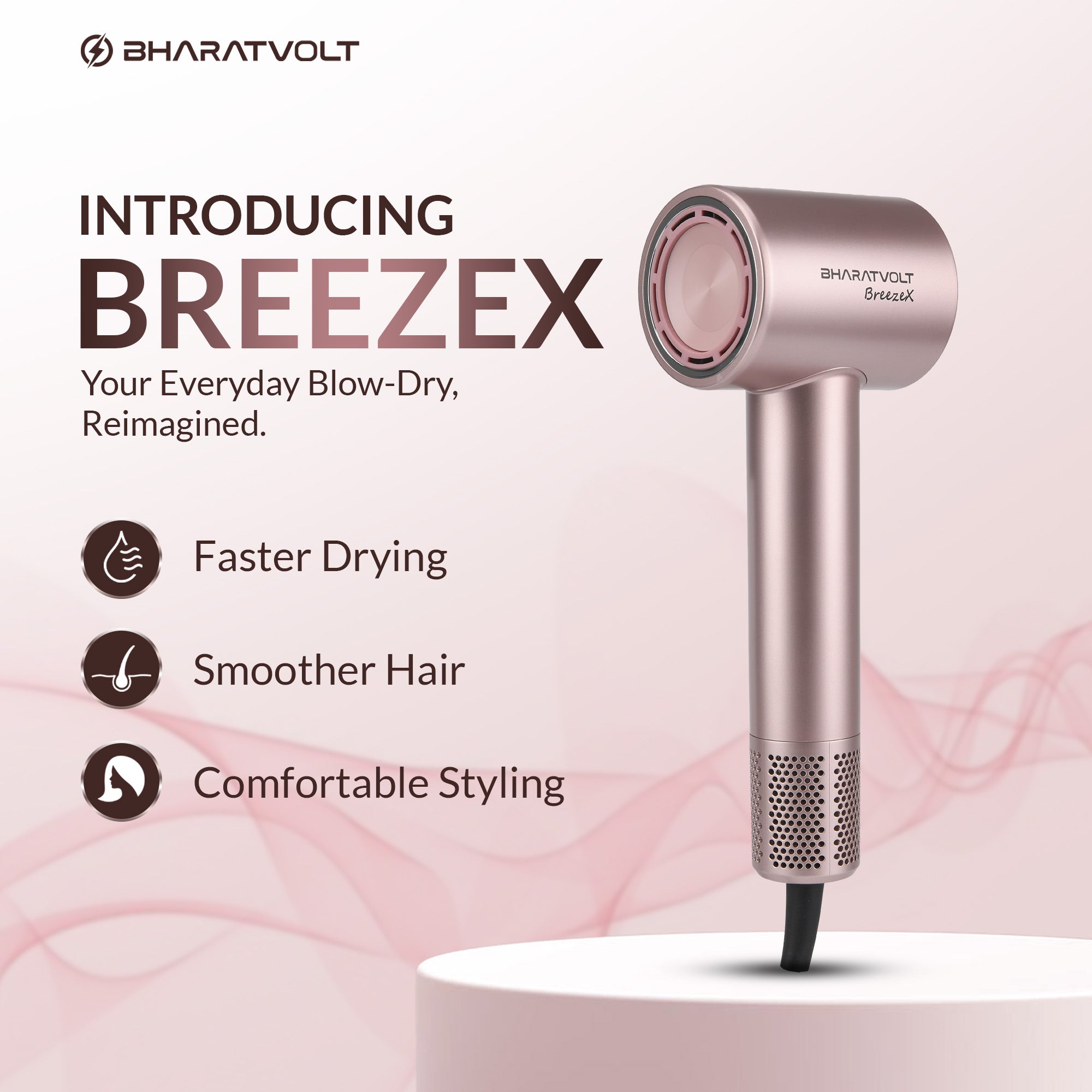 BharatVolt BreezeX Hair Dryer | 1600W | Ion Care Technology | 102,000 RPM High-Speed Brushless Motor | 360° Magnetic Nozzle | 4 Smart Modes | Travel Friendly | For Women & Men