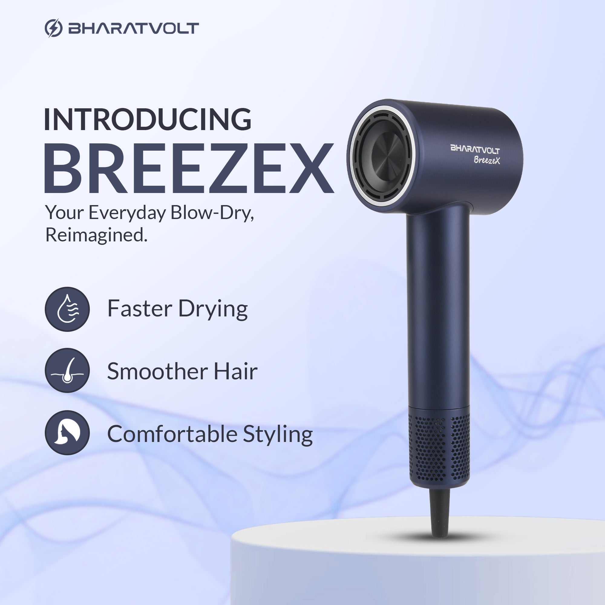 BharatVolt BreezeX Hair Dryer | 1600W | Ion Care Technology | 102,000 RPM High-Speed Brushless Motor | 360° Magnetic Nozzle | 4 Smart Modes | Travel Friendly | For Women & Men