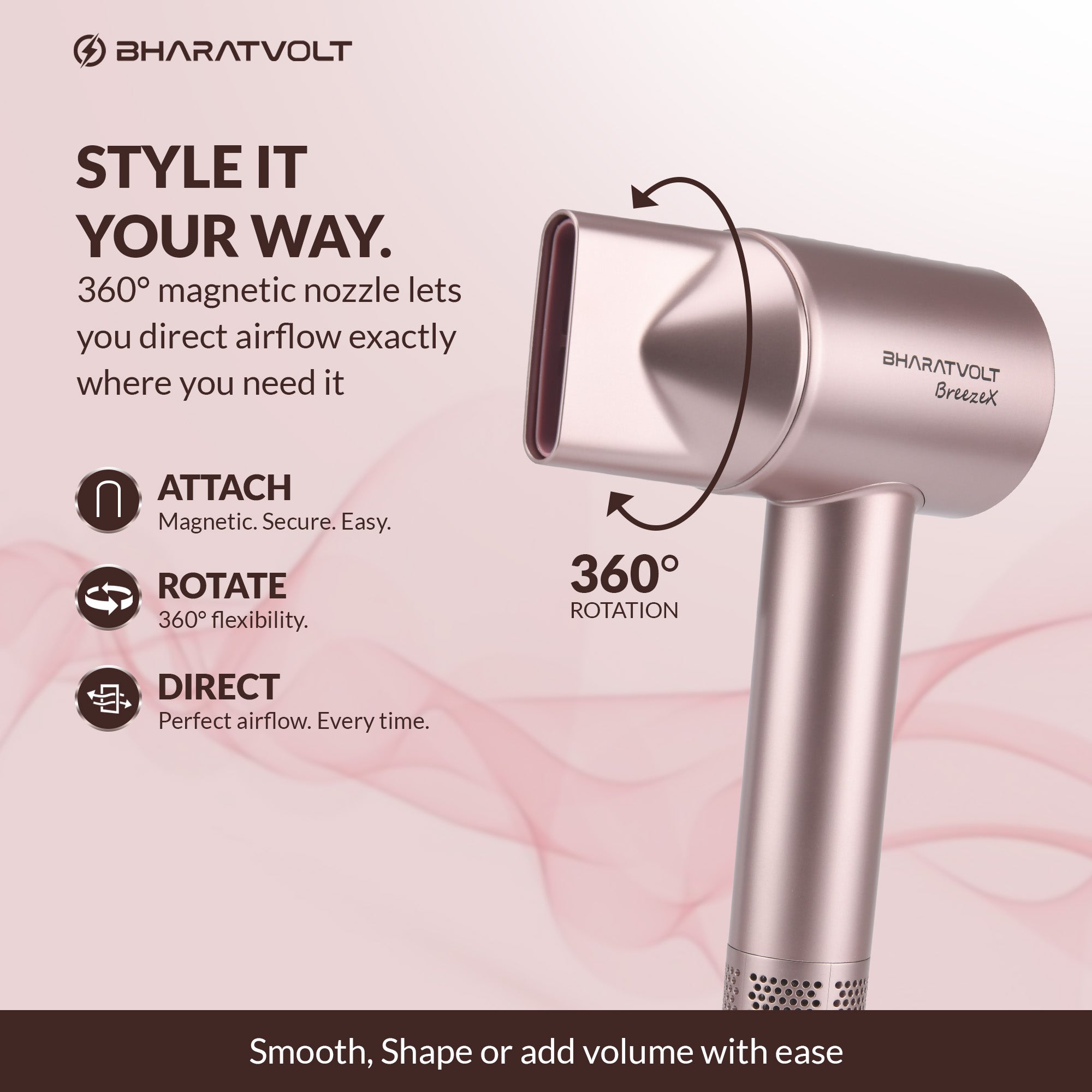 BharatVolt BreezeX Hair Dryer | 1600W | Ion Care Technology | 102,000 RPM High-Speed Brushless Motor | 360° Magnetic Nozzle | 4 Smart Modes | Travel Friendly | For Women & Men