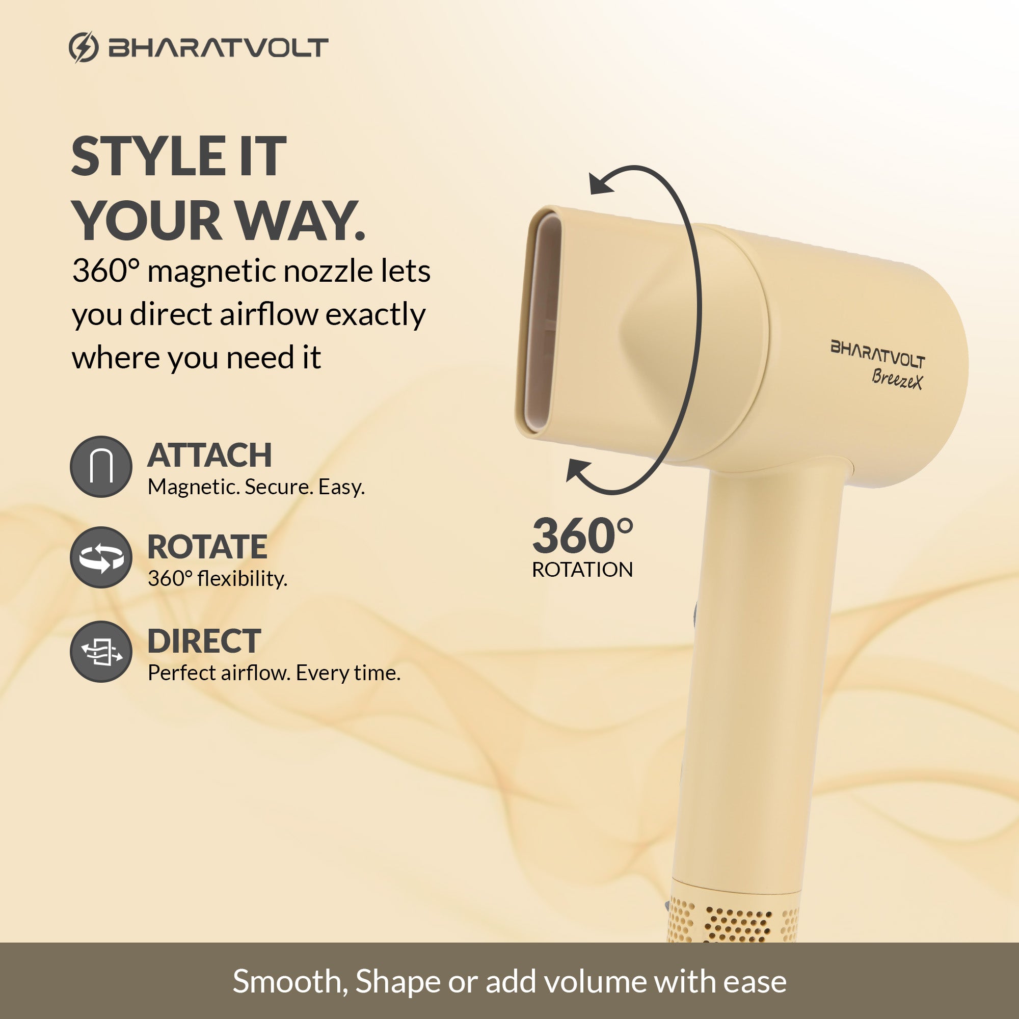 BharatVolt BreezeX Hair Dryer | 1600W | Ion Care Technology | 102,000 RPM High-Speed Brushless Motor | 360° Magnetic Nozzle | 4 Smart Modes | Travel Friendly | For Women & Men
