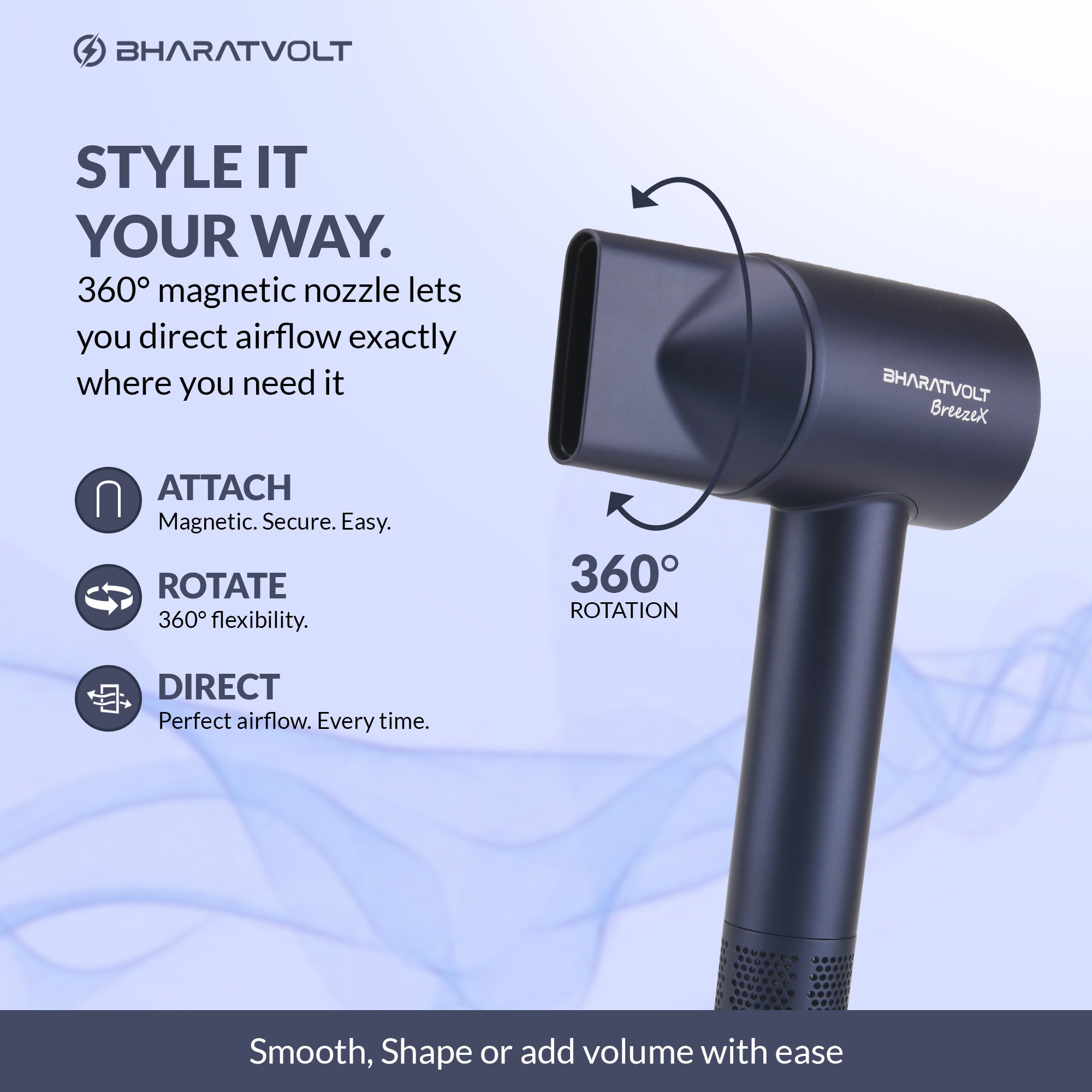 BharatVolt BreezeX Hair Dryer | 1600W | Ion Care Technology | 102,000 RPM High-Speed Brushless Motor | 360° Magnetic Nozzle | 4 Smart Modes | Travel Friendly | For Women & Men
