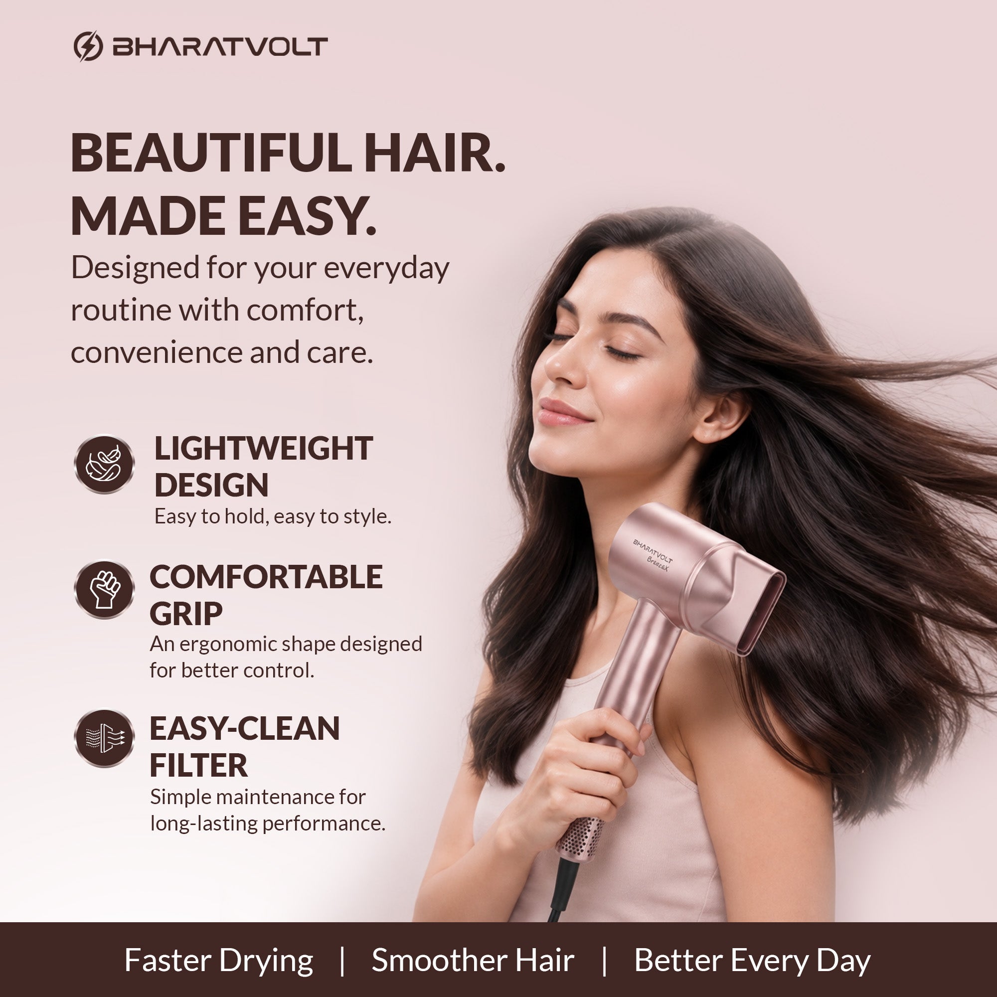 BharatVolt BreezeX Hair Dryer | 1600W | Ion Care Technology | 102,000 RPM High-Speed Brushless Motor | 360° Magnetic Nozzle | 4 Smart Modes | Travel Friendly | For Women & Men