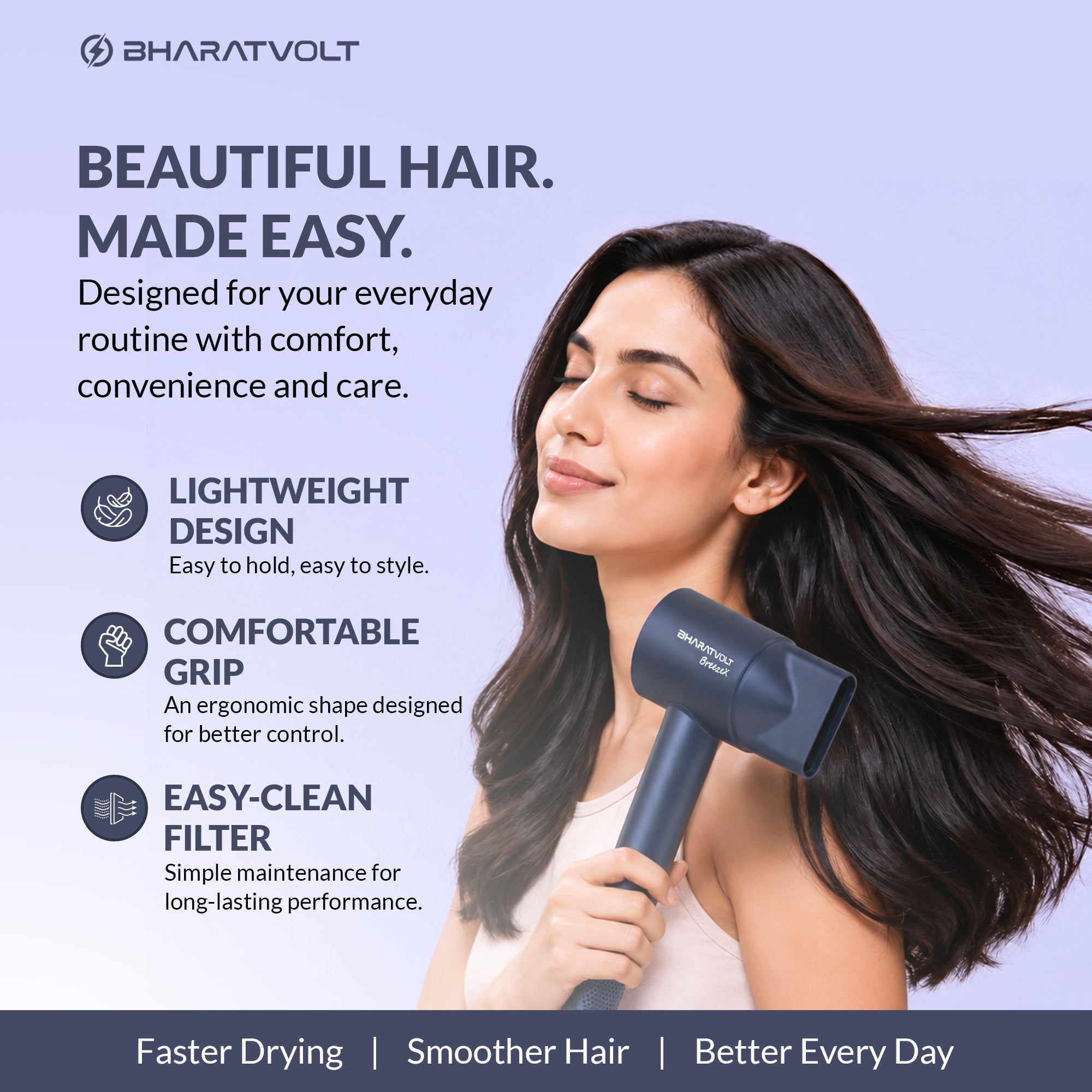 BharatVolt BreezeX Hair Dryer | 1600W | Ion Care Technology | 102,000 RPM High-Speed Brushless Motor | 360° Magnetic Nozzle | 4 Smart Modes | Travel Friendly | For Women & Men