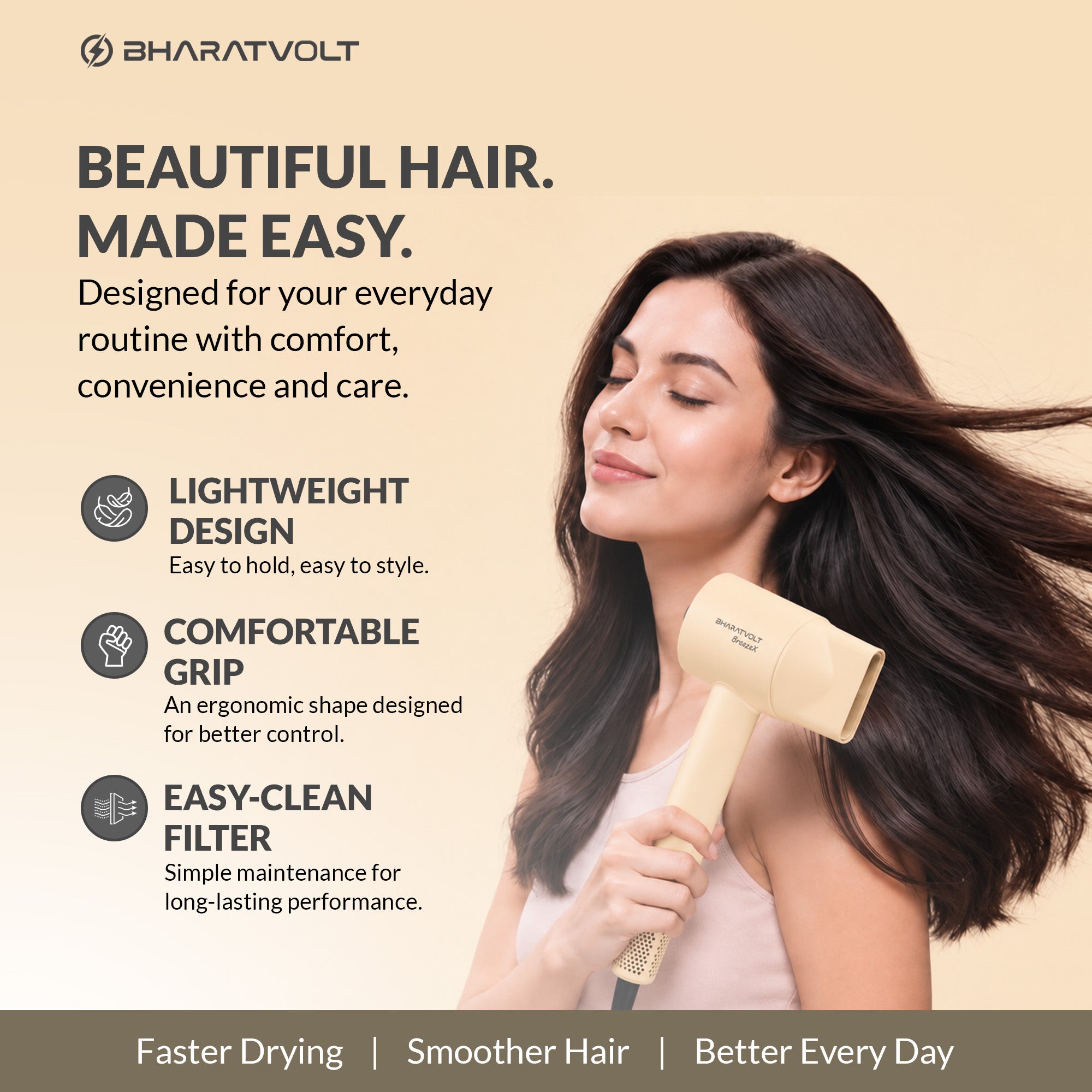 BharatVolt BreezeX Hair Dryer | 1600W | Ion Care Technology | 102,000 RPM High-Speed Brushless Motor | 360° Magnetic Nozzle | 4 Smart Modes | Travel Friendly | For Women & Men