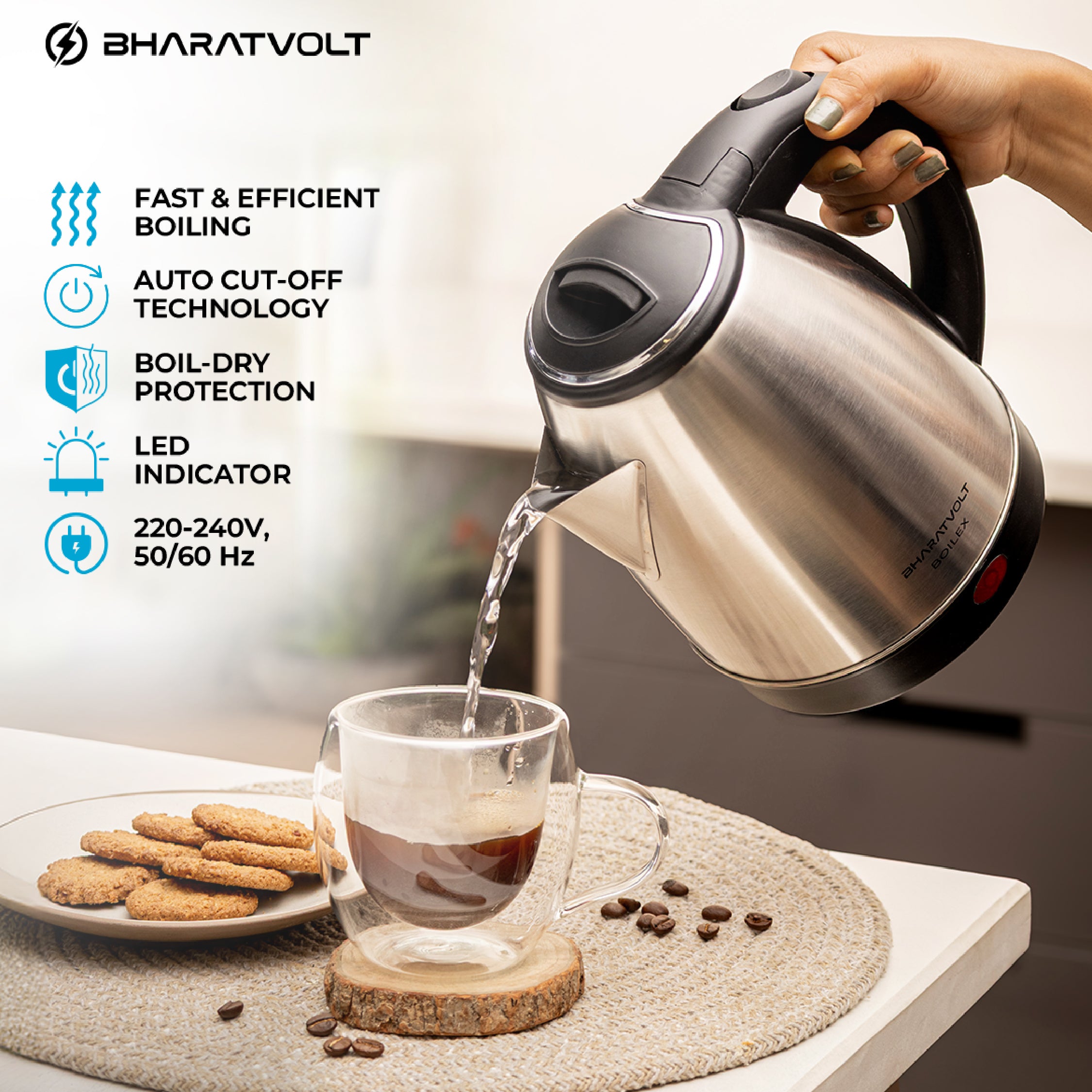 BharatVolt Boilex Electric Kettle | Stainless Steel Body| 1350 Watt | 1.5 Litre | Auto Shut-Off, Cool Touch Handle | Silver & Black | Home & Kitchen Appliance