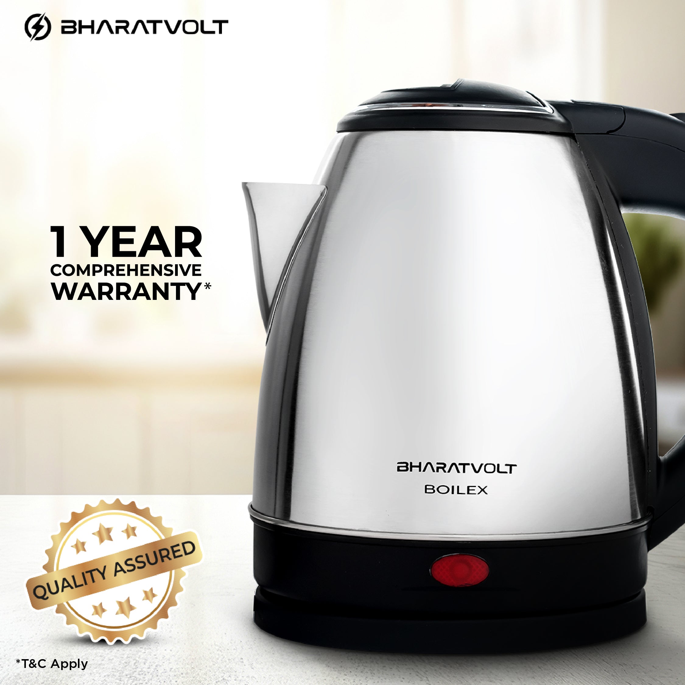 BharatVolt Boilex Electric Kettle | Stainless Steel Body| 1350 Watt | 1.5 Litre | Auto Shut-Off, Cool Touch Handle | Silver & Black | Home & Kitchen Appliance