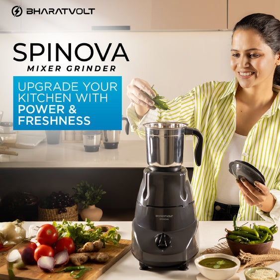 BharatVolt Spinova Mixer Grinder | 500W Turbo Motor | 3 Stainless Steel Jars | Overload Protection, Leak Proof Lids, 3 Speed & Pulse Function | Kitchen Appliance