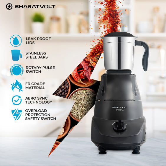 BharatVolt Spinova Mixer Grinder | 500W Turbo Motor | 3 Stainless Steel Jars | Overload Protection, Leak Proof Lids, 3 Speed & Pulse Function | Kitchen Appliance