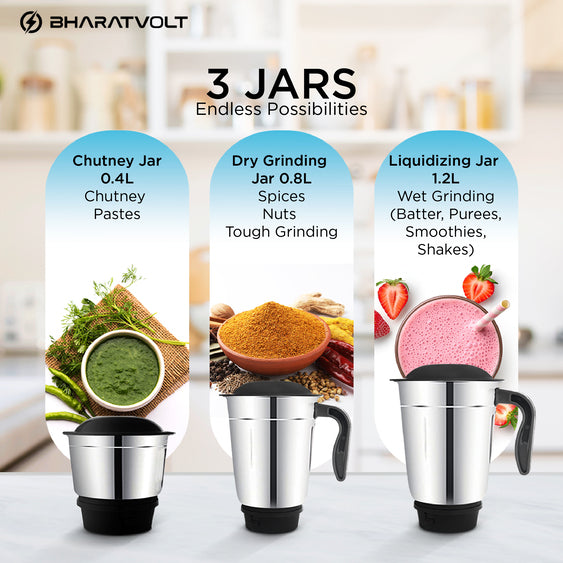 BharatVolt Spinova Mixer Grinder | 500W Turbo Motor | 3 Stainless Steel Jars | Overload Protection, Leak Proof Lids, 3 Speed & Pulse Function | Kitchen Appliance