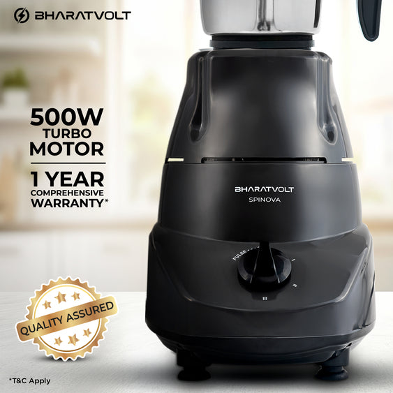 BharatVolt Spinova Mixer Grinder | 500W Turbo Motor | 3 Stainless Steel Jars | Overload Protection, Leak Proof Lids, 3 Speed & Pulse Function | Kitchen Appliance