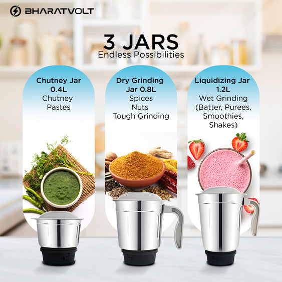 BharatVolt Blendjet Mixer Grinder | 500W Turbo Motor | 3 Stainless Steel Jars | Overload Protection, Leak Proof Lids, 3 Speed & Pulse Function | Kitchen Appliance