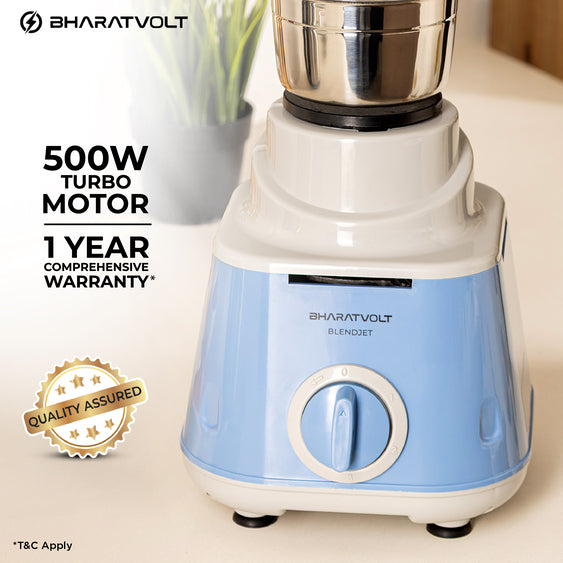 BharatVolt Blendjet Mixer Grinder | 500W Turbo Motor | 3 Stainless Steel Jars | Overload Protection, Leak Proof Lids, 3 Speed & Pulse Function | Kitchen Appliance