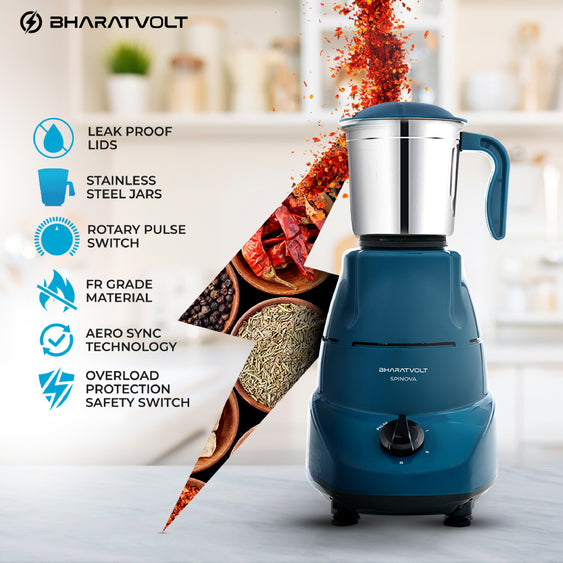 BharatVolt Spinova Mixer Grinder | 500W Turbo Motor | 3 Stainless Steel Jars | Overload Protection, Leak Proof Lids, 3 Speed & Pulse Function | Kitchen Appliance