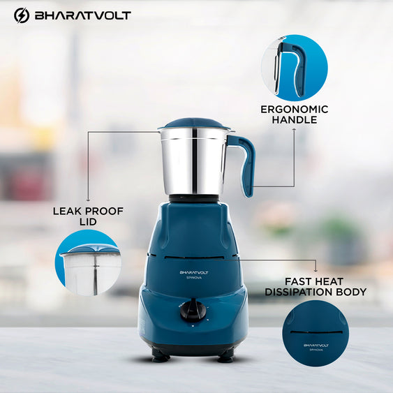 BharatVolt Spinova Mixer Grinder | 500W Turbo Motor | 3 Stainless Steel Jars | Overload Protection, Leak Proof Lids, 3 Speed & Pulse Function | Kitchen Appliance
