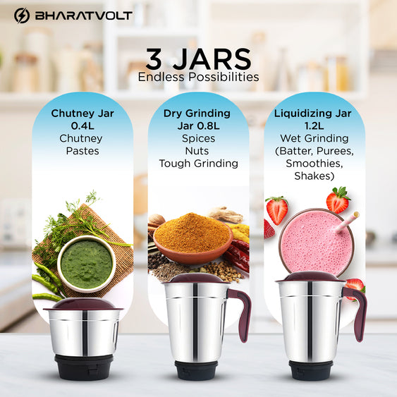 BharatVolt Blendjet Mixer Grinder | 500W Turbo Motor | 3 Stainless Steel Jars | Overload Protection, Leak Proof Lids, 3 Speed & Pulse Function | Kitchen Appliance