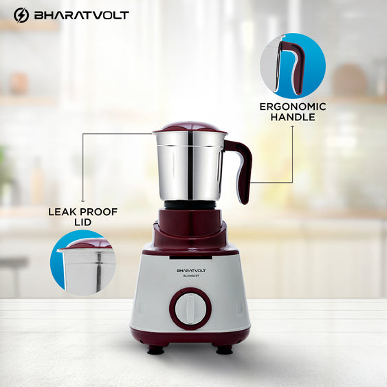 BharatVolt Blendjet Mixer Grinder | 500W Turbo Motor | 3 Stainless Steel Jars | Overload Protection, Leak Proof Lids, 3 Speed & Pulse Function | Kitchen Appliance