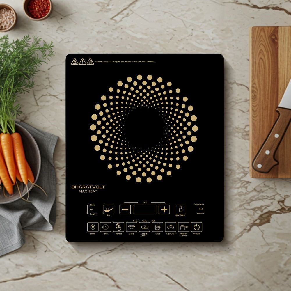 BharatVolt Magheat 2100W Induction Cooktop | Crystalline Ceramic Glass | Feather Touch Control | 12 Preset Menus | 4 KV Surge Protection | Auto Pan Detection Sensor | 1-Year Product & 2-Year Coil Warranty | Kitchen Appliance