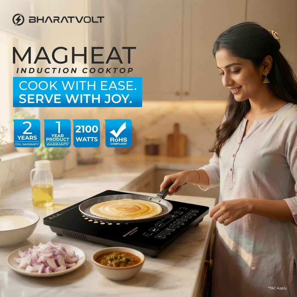 BharatVolt Magheat 2100W Induction Cooktop | Crystalline Ceramic Glass | Feather Touch Control | 12 Preset Menus | 4 KV Surge Protection | Auto Pan Detection Sensor | 1-Year Product & 2-Year Coil Warranty | Kitchen Appliance