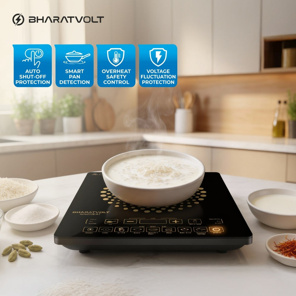 BharatVolt Magheat 2100W Induction Cooktop | Crystalline Ceramic Glass | Feather Touch Control | 12 Preset Menus | 4 KV Surge Protection | Auto Pan Detection Sensor | 1-Year Product & 2-Year Coil Warranty | Kitchen Appliance