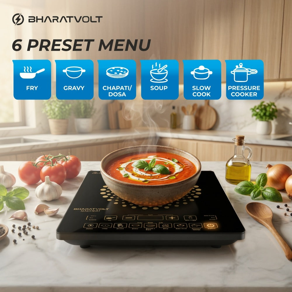 BharatVolt Magheat 2100W Induction Cooktop | Crystalline Ceramic Glass | Feather Touch Control | 12 Preset Menus | 4 KV Surge Protection | Auto Pan Detection Sensor | 1-Year Product & 2-Year Coil Warranty | Kitchen Appliance